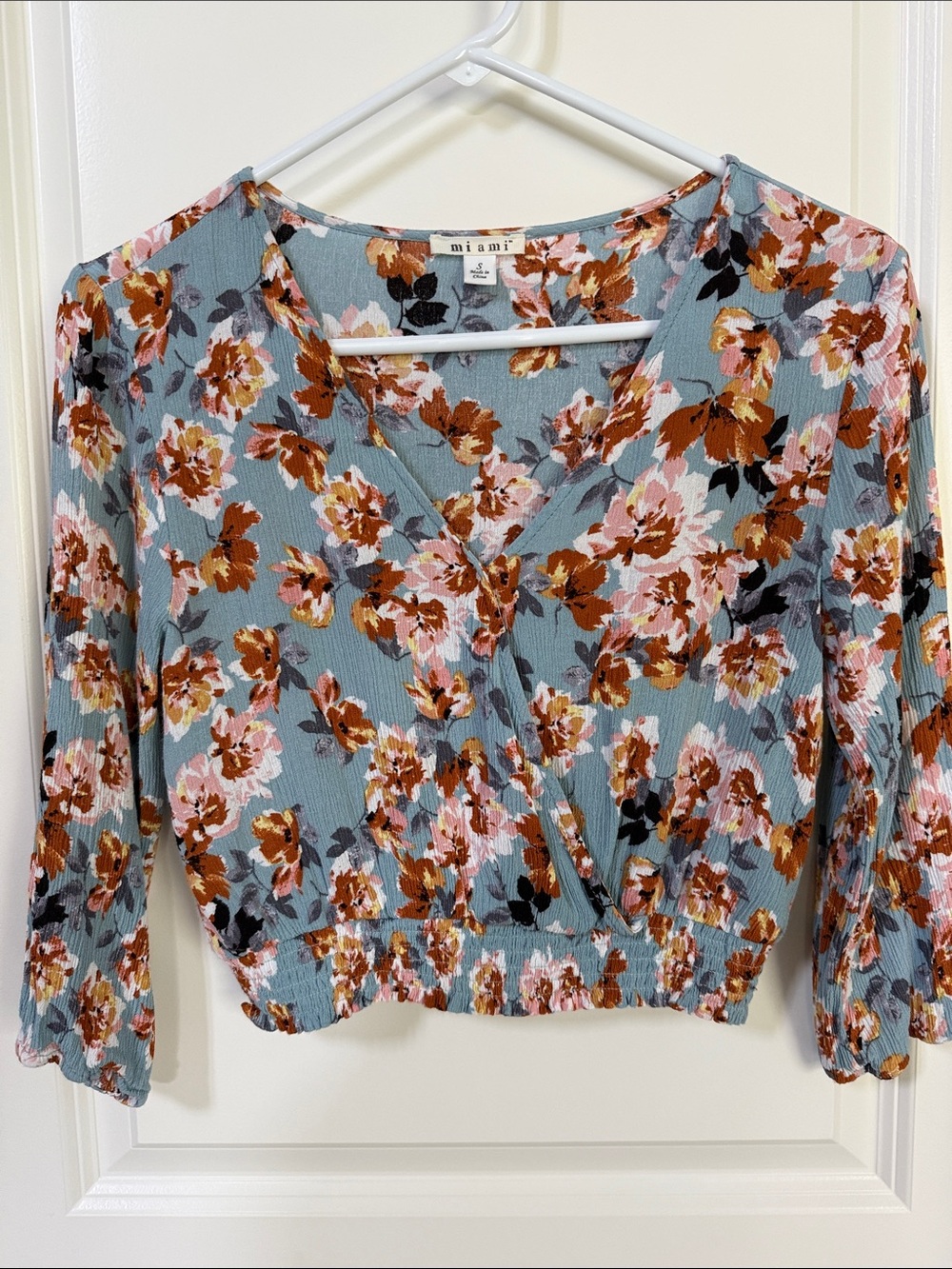 miami Dusty Blue Floral Wrap Blouse with Orange & Rust Blooms